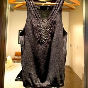 Inhabit Beaded Black Tank, Cotton with Silk Trim, Size XS, Very Good Condition
